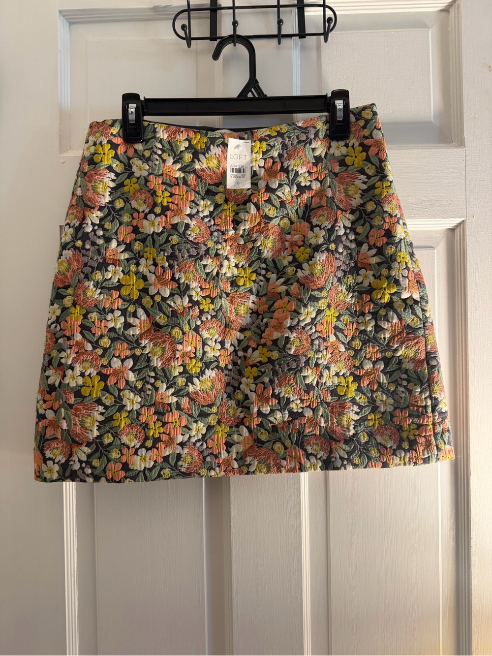 LOFT Floral Jacquard Mini Skirt in Black with Coral & Yellow Blooms